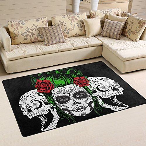 Mnsruu yibaihe, leicht, Bedruckt mit Deko-Teppich, Teppich, modern Totenkopf mit roten Blumen wasserabweisend stoßfest. Für Wohn- und Schlafzimmer, 153 x 100 cm