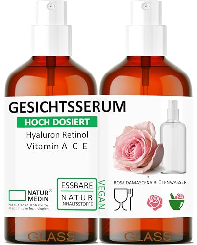 Rosenwasser GESICHTS-SERUM 100ml, ESSBAR Hochdosiert Hyaluron-säure Vitamin A C E Retinol 100% naturrein, Spray Glasflasche, NATURMEDIN® (2 x 50-ml)