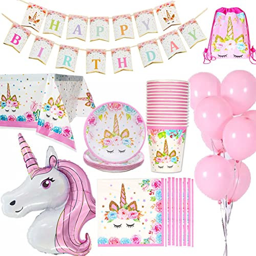 Jolily Einhorn Geburtstag Dekorationen liefert Geschirr für 16 Gäste, 1* Tischdecke Abdeckung 16*Tassen 16* Teller 16* Servietten 1* Happy Birthday Banner 1* riesige Größe Einhorn 10*rosa Ballons