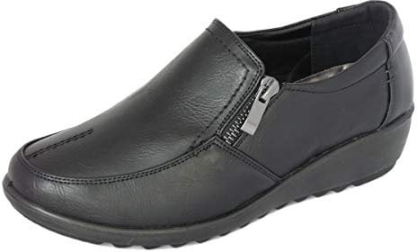 Cushion Walk Women's Black Wide Fit EEE Shoes Ladies Lightweight Faux Leather Slip-on Flat Zip Shoes, Flats, Casual Work Office Comfort (7 UK, Black)