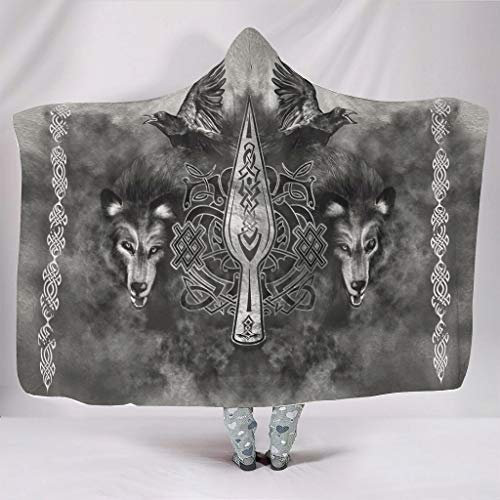 Wandlovers Weich Mit Kapuze Decken Wikinger Krieger Gungnir Speer von Odin Rabe Zwei Wolf Druck Sherpa Fleece Winter Kapuzenwurf Studieren 150x200cm