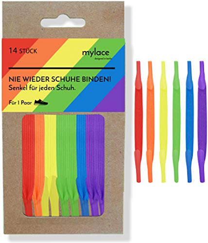 MYLACE - Schnürsenkel ohne binden - 14 Senkel für 1 Paar - nachhaltig verpackt - nie wieder Schuhe binden (Team Rainbow)