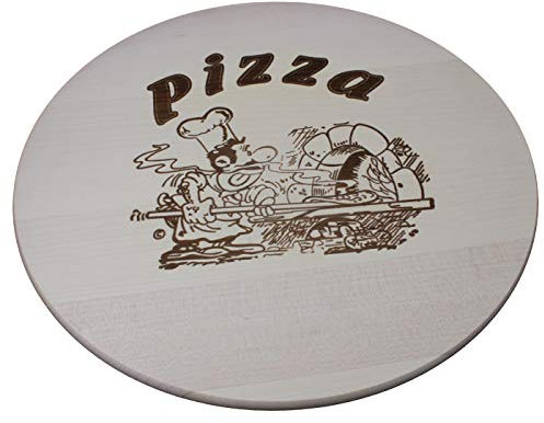 DEKOFANT Pizzabrett Holz Ø 38 cm Pizzateller groß Massiv Holz mit Kult Pizza Logo