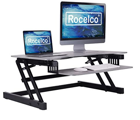 Rocelco 95,2 cm Deluxe höhenverstellbarer Stehpult – Quick Sit Stand Up Dual Monitor Riser – Gasfeder Assist Computer Workstation – Große einziehbare Tastaturablage – Grau (R DADRG)