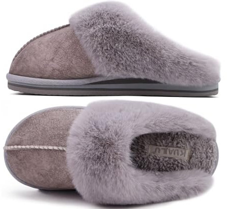 KuaiLu Hausschuhe Damen Flauschige Plüsch Geschlossen Winter Warme Pantoffeln Frauen Kuschel Memory Fussbett Hause Slippers Rutschfest Feste Sohle Hüttenschuhe Indoor Outdoor. Grau 37