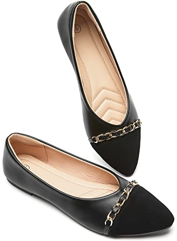 BABUDOG Women's Black Flats Shoes,White Dress Shoes for Women,Crimping Faux Suede Ballet Flats Comfortable(Black.US8)