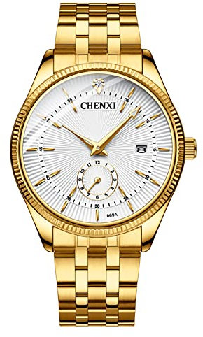 JewelryWe Herrenuhr Quarz Analog Partner Freundschafts Armbanduhr Datum Kalender Edelstahl Armband Herren Uhr mit Beleuchtenden Zeiger und weißem Zifferblatt, Geschenk für Männer Junge, Gold