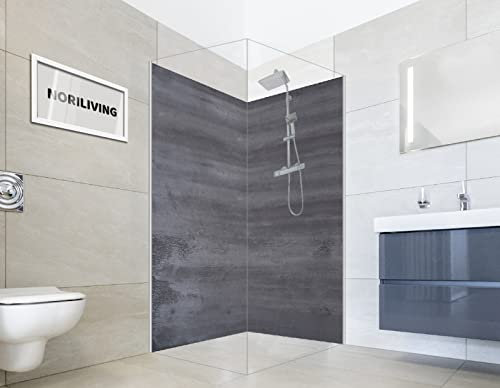 NORILIVING Duschrückwand Fliesenersatz Dusche 100x200 cm Motiv Stein Dunkelgrau Putz | Duschwand ohne Bohren 2 teilig | Wandverkleidung Bad Aluverbundplatte 3 mm