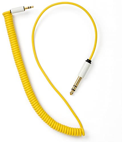MyVolts Candycord audio cable, straight mini jack to straight large jack, curly 65cm to 90cm, Pineapple Yellow colour