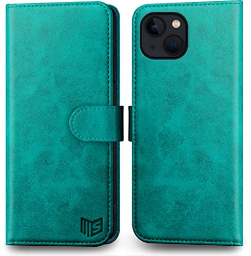 SUANPOT for iPhone 14 Plus 6.7Genuine Leather Wallet case【RFID Blocking】【4 Credit Card Holder】【Real Leather】Flip Folio Book Phone case Protective Cover Women Men for Apple 14Plus 5G case Blue Green