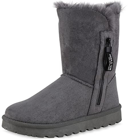 VAN HILL Damen Warm Gefütterte Winter Boots Stiefeletten Flache Zipper Schuhe Bequeme Profilsohle Booties Kunstfell Winterschuhe 209056 Grau 38