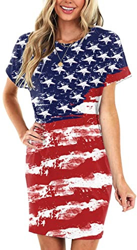 Deerose 4. Juli Damenkleider, USA-Flagge, Gedenktag, T-Shirt-Kleid mit Taschen, Flagge #1, Groß