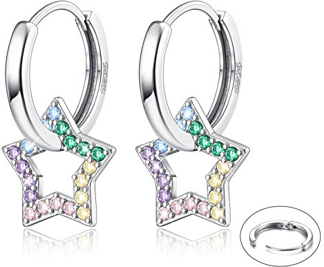 Adramata Damen Silber 925 Hängend Tropfen Stern Creolen mit Anhänger - Modische Ohrhänger für Mädchen und Kinder als Geschenk