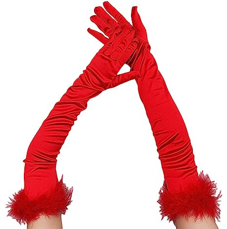 ITODA Long Opera Satin Evening Gloves - Stretchy Elbow Gloves with Feather Detail for Bridal & Fancy Dress Costume Accessory, Red