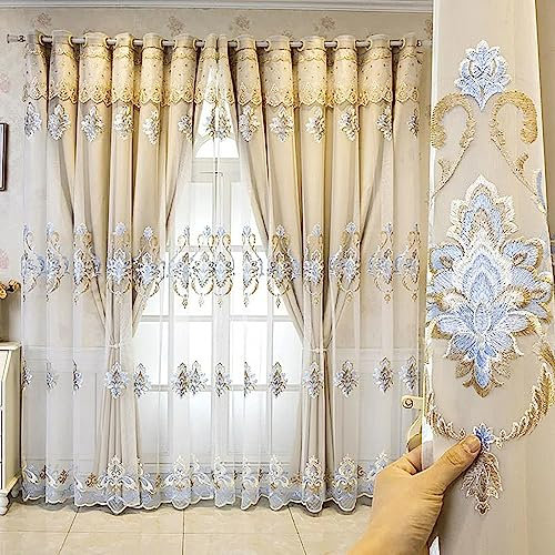 Amidoudou 1 Paar europäische, doppellagige Vorhänge mit Volants für Wohnzimmer, Luxus-Jacquard-Vorhänge für Schlafzimmer (Beige, 160 x 244 cm)