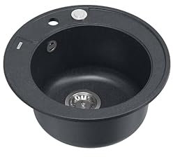 QUADRON fregadero de cocina redondo negro y acero | tamaño 51 cm, granito | MORGAN 210 fregadero empotrado con agujero para grifo | fregadero de un seno | fregadero moderno