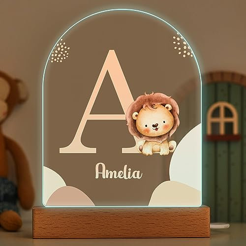 Transparent Gift Lámpara Infantil Personalizada con Inicial y Nombre León. Luz LED Quitamiedos. Luz Nocturna Mesita de Noche. Regalos Originales y Personalizados Cumpleaños. Para Niños, Niñas Base