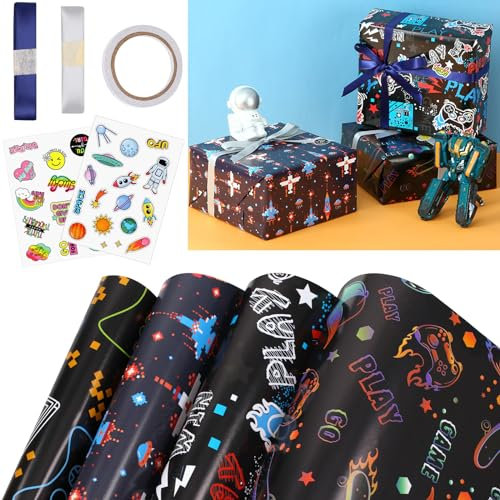 Gaming Wrapping Paper, Birthday Wrapping Paper for Boys Girls, Recycled Gift Wrap Set with Tags, Multipack Wraps for Birthday, Festival, Party, Festive Decoration