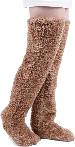 LAPLUIE Über Knie Hohe Fuzzy kuschelsocken, Wintersocken Flauschige Socken Antiruschsocken mit Noppen, Klimatisierte Warme Bettsocken Haussocken (Braun)