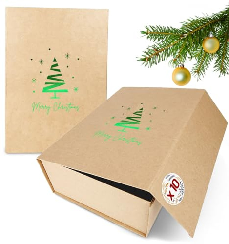 Verpackungswelt Geschenk-Box Weihnachten (10 Stk.) | 31x22x10 cm | Geschenk-Karton mit Deckel & Magnet-Verschluss | Für Weihnachts-Geschenke | Weihnachts-Verpackung mit Weihnachtsbaum-Motiv in Grün