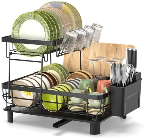 Tianqinuk 2 Tier Dish Drainer with Utensil Holder, Detachable Dish Drying Rack with Cup Holder, Sink Drainer Rack with Cutting Board Holder, Draining Board Rack for Kitchen Counter