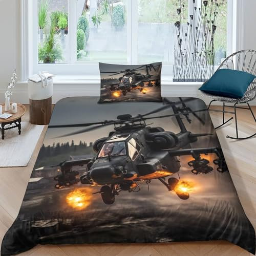 QMena Apache-Helicopter Helicopter Duvet Cover Set Kissenbezug Verstecktes Scharnier Bettbezug Baumwolle Kanonenschiffs Bettwäsche Set Wärme Zum Schlafen Steppdeckenbezug Single（135x200cm）