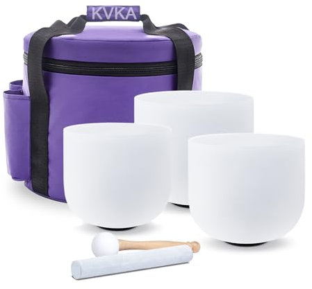 KVKA Set of 3pcs 7C + 8F + 10G Quartz Singing Bowls 432hz Crystal Singing Bowls Sound Healing Therapy Yoga Meditation with Carrying Cases