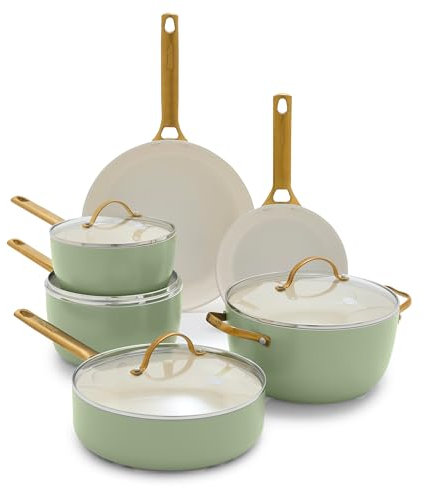 GreenPan Hard Anodized Healthy Ceramic Nonstick 10 Piece Cookware Pots and Pans Set, Gold-Tone Stainless Steel Handles, PFAS & PFOA-Free, Dishwasher Safe, Oven & Broiler Safe, Sage Green