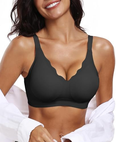 OEAK Bras for Women Non Wired Push Up Seamless Bra Soft V Neck Wireless Bralette Scalloped Full Coverage Everyday Bra,Black,L