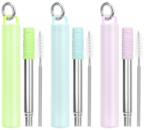 Tanhala Metal Reusable Travel Drinking Straw - 3 Pack Collapsible Stainless Steel Straws with Cleaning Brush & Silicone Tips Portable Telescopic Drinking Straws with Storage Case & Keychain Ring 3P1