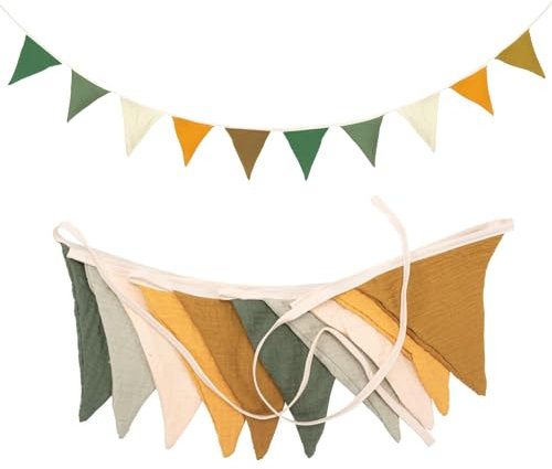 Senbaler Wimpelkette Kinderzimmer Deko Grün Gelb,2.6M,Stoff Wimpelkette aus Musselin Baumwolle,Girlande für Babyzimmer,Mädchen,Babybett