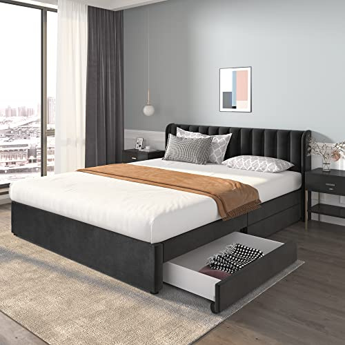 Sapgaks Bett 180x200 mit Lattenrost und 2 Schubladen,Polsterbett 180x200 mit Stauraum,Doppelbett Samt Mit Lattenrost Rückenlehne,Erwachsenenbett,Doppelbett für Erwachsene,Schwarz