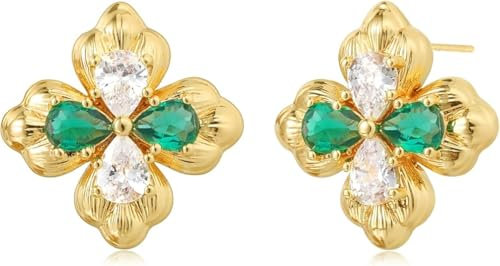 Jenosy Vierblättrige Kleeblatt Ohrstecker Gold 14K Vergoldet Filled Cubic Zirconia mit 925 Sterling Silber Post Ohrringe Handmake Hypoallergene Schmuck Geschenk für Frauen