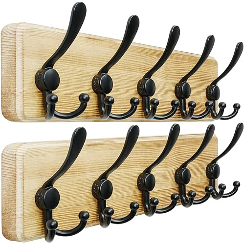 Dseap Garderobe, Garderobenhaken - Robust Vintage Garderobenleiste Holz mit 5 Dreifachhaken, Kleiderhaken Wand, Hakenleiste, für Jacken Mäntel Handtaschen, Hellbraun & Schwarz, 2 Stück