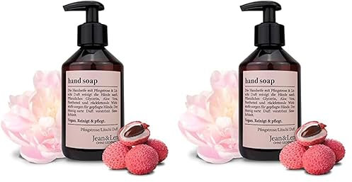 Jean & Len Savon pour les mains Pivoine & Litchi, savon liquide en distributeur à pompe, parfum fleuri et délicat, sans parabènes, silicones & microplastiques, végétalien, 250 ml (Lot de 2)