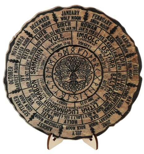 Sewroro Rad Des Jahres Holzschilder Wicca Kalendertafel Heidnisches Hexenzeichen Wicca-Feiertage Wicca-Kalender Baum Des Lebens Ringkalender Handgefertigter Vintage Kalender Tischdekoration Kalender