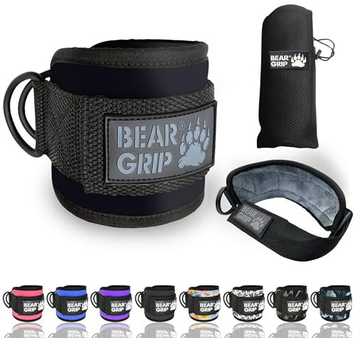 BEAR GRIP - Ankle Straps for Cables with New Fleece Design, Strong Closure, Double Stainless Steel D-Ring, Adjustable Neoprene - For Men & Women