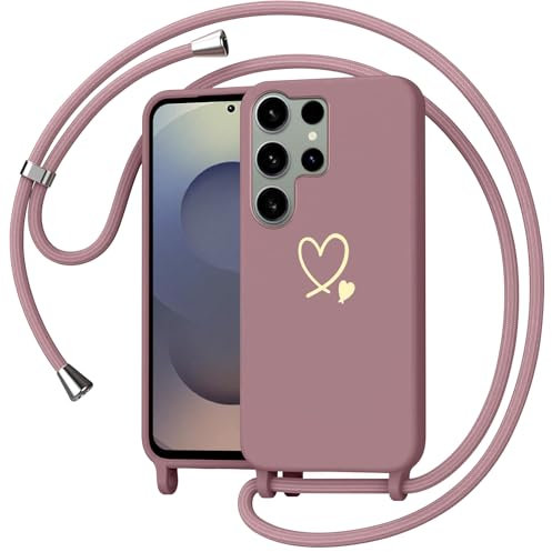 Yichxu Funda para Samsung Galaxy S25 Ultra 5G con Cuerda, Carcasa Suave TPU Líquida Silicona, Patrón de Corazón, Ajustable Correa de Cuello Cadena Cordón Antigolpes Cover, Rosa