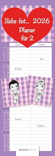 Alpha Edition - Liebe ist… Planer für Zwei 2026 – Partnerkalender 15×42 cm mit 2 Spalten, süßen Illustrationen & großen Schreibfeldern, perfektes Geschenk für Paare, gemeinsame Alltagsplanung
