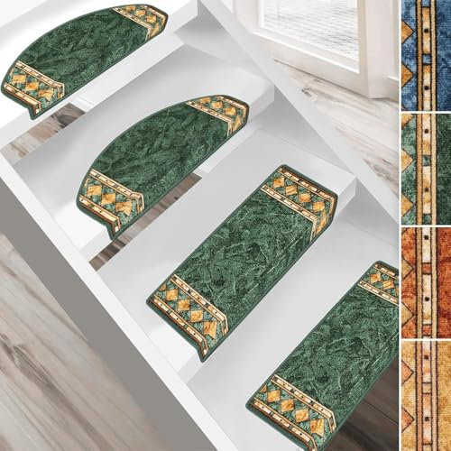 casa pura 15x Stufenmatten Rügen - Halbrund oder Eckig - Treppenmatten in 4 Farben - Strapazierfähig & pflegeleicht - Stufenteppich für Innen (Grün, 65 x 23,5 cm Halbrund)