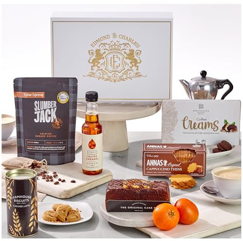 Edmond & Charles Gourmet Coffee & Chocolate Hamper, Includes Ground Coffee for Cafetiere, Belgian Chocolate Orange Truffle Cake, Caramel Syrup & More, Coffee Gift Set for Men & Women
