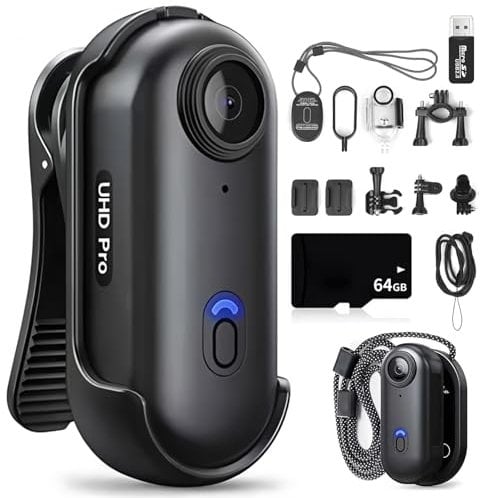 LIROPAU 360° Action Kamera, Mini Action Cam 4K und 64 GB Speicherkarte Helmkamera, Magnetische Taschen-Daumenkamera Aktion Kamera, Motorrad Bodycam, Mini Kamera
