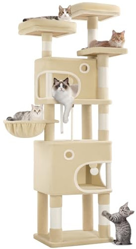 Hzuaneri Arbre à Chat Hauteur 180 cm, Tour de Jeux pour Chat avec 8 Griffoirs, 3 Plateformes, 2 Niches, Panier, Pompons, Convient Aux Chats de Toutes Tailles, Beige MS18018YL