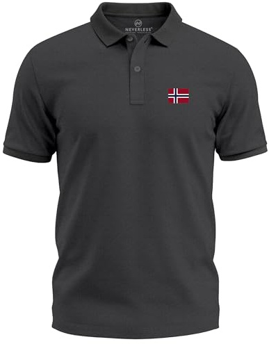 Neverless® Poloshirt Herren mit Aufdruck– Kurzarm Polo Sommer Casual Look Norwegen Logo Flagge Modern Fit Fashion Dunkelgrau-Melange L