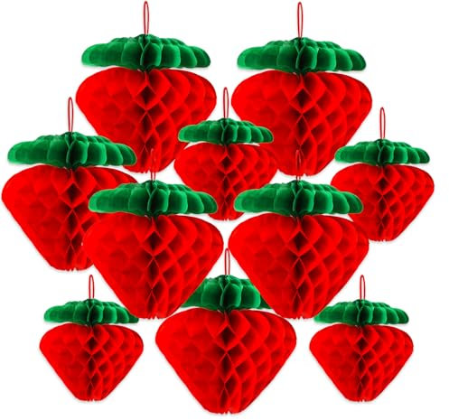 BOARDFEB Erdbeer Wabenbälle, 12 Stück Erdbeer Papier Honeycomb Rot Erdbeeren Party Deko für Obst-Mottoparty Geburtstagsfeier Hawaii-Party Babyparty Hochzeit