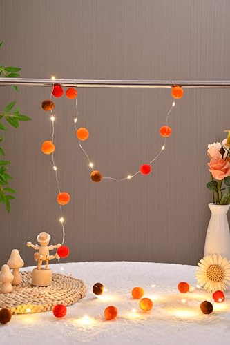 FLCSIed 6.56Ft 20 led Copper Lights with Pom-poms Fairy Light Powered by 2AA Battery for Bedroom, Valentine's Day, Wedding, Party, Christmas, Home Decor (Orange)