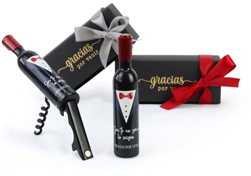 Pack de 12 a 42 uds, Sacacorchos botella de vino, Abridor forma de mini botella, Diseño smoquin, Con o sin envoltorio, 11 cm, Detalles para Boda, Regalantes (24, Con envoltorio, lazo surtido)