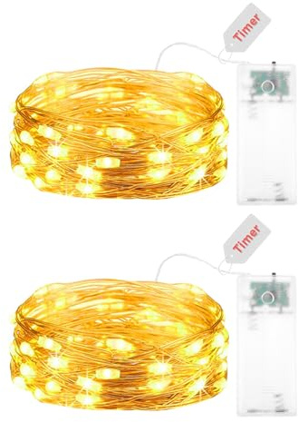 Kaleora 2 Stück LED Lichterkette mit Timer, 2M 20 LED Micro Kupferdraht Lichterkette Batteriebetrieben, Lichterketten Batterie für Weihnachten Halloween Hochzeit Kinderzimmer Party Deko, Warmweiß