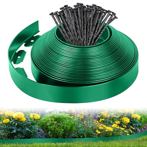 Bordure de Pelouse Flexible 10M x 5cm, Clôture de Jardin en Plastique avec 50 Piquets, Bordure de Délimitation pour Pelouse, Parterre, Allée de Patio, Verte