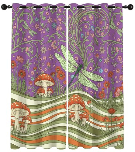 Havenix Boho Insekten Und Pflanzen Lila Vorhänge Blickdicht mit ösen Libellen Pilze Blumen Muster Gardinen Wohnzimmer Verdunklungsvorhänge für Schlafzimmer Fenster Vorhang 137 cm Lang 2er Set
